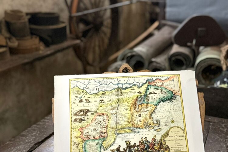 Mappa Antica “America Septentrionalis – Totus Novi Belgii” con Fauna Illustrata – Carta 100% Cotone, Tiratura Limitata