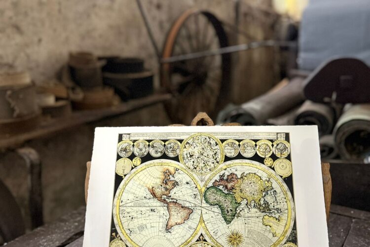 Litografia antica raffigurante Planisfero terrestre con entrambi gli emisferi.